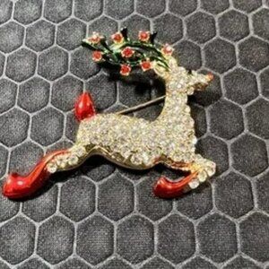 Reindeer Brooch Silver, Gold, and Red 18K White Gold Plated